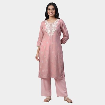 Women's Pink Notch Neck Printed Straight Kurta